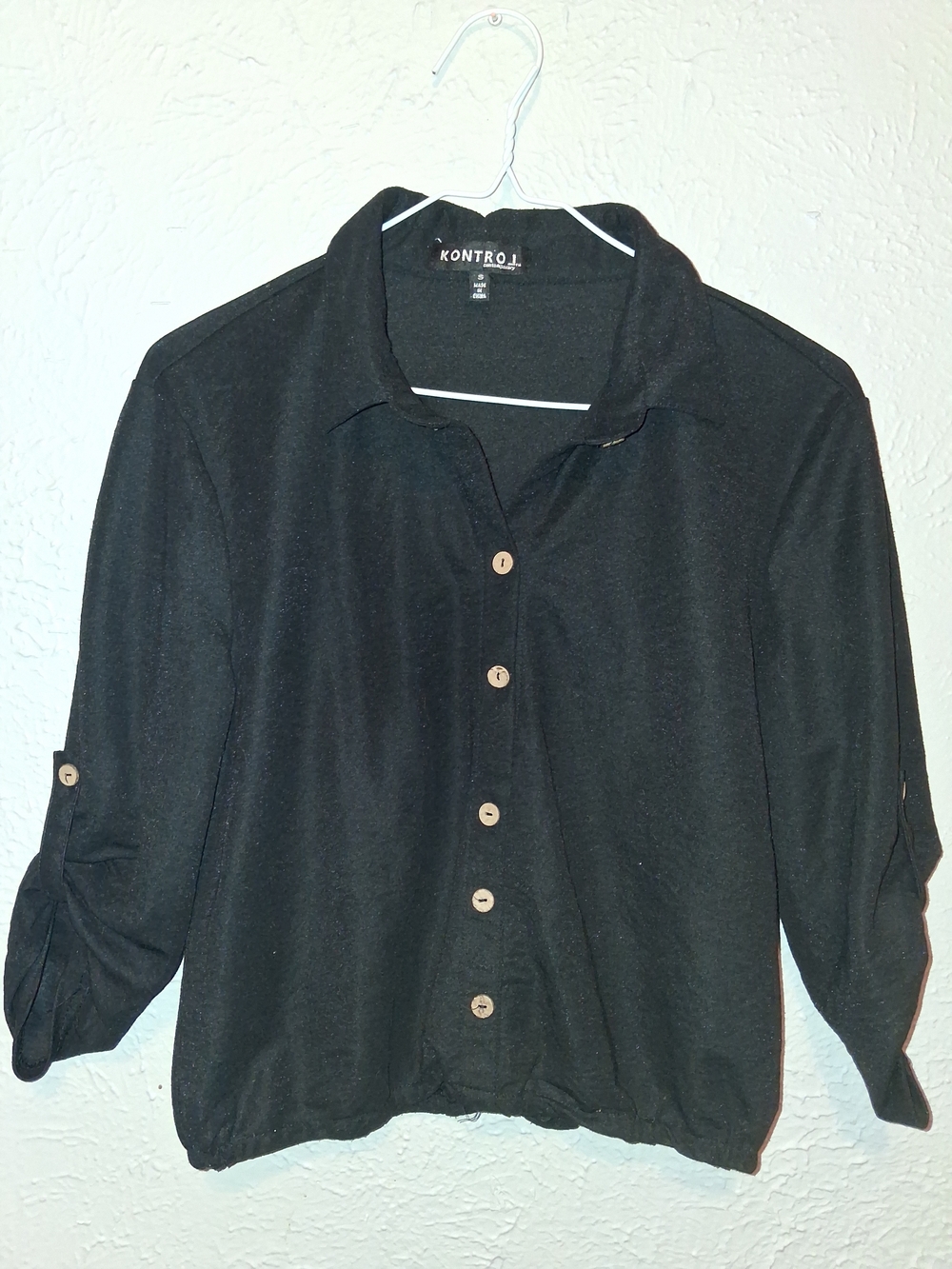 Black Button-Front Collared Women's Top